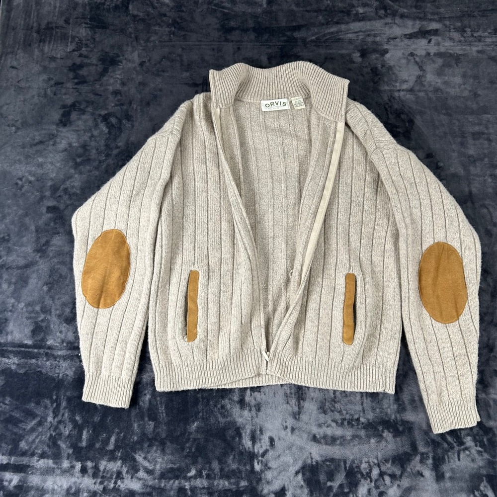 Orvis Full Zip Cardigan Sweater Mens Large Oatmeal Wool Blend Elbow Patch Ribbed